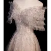 Sparkly Charming Dusky Pink Beading Rhinestone Sequins Prom Dresses 2022 A-Line / Princess Off-The-Shoulder Short Sleeve Backless Floor-Length / Long Prom Formal Dresses
