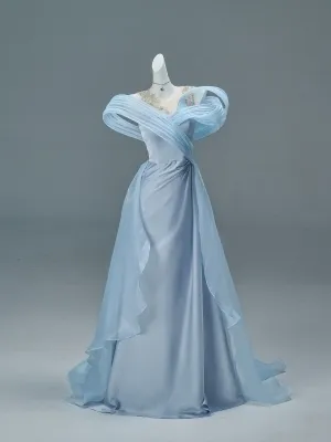 Mode Bleu Ciel Perlage Paillettes Satin Robe De Bal 2026 Princesse De L Épaule Sans Manches Dos Nu Train De Balayage Robe De Ceremonie