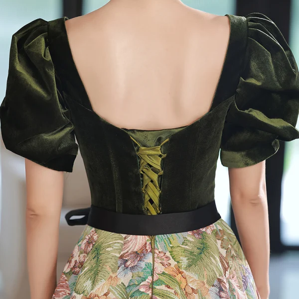 Elegant Dark Green Printing Prom Dresses 2022 A-Line / Princess Square Neckline Puffy Short Sleeve Backless Bow Sash Floor-Length / Long Prom Formal Dresses