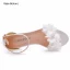 Schöne Weiß Applikationen Brautschuhe 2023 7 cm Thick Heels Knöchelriemen Peeptoes Hochzeit Sandaletten Hochhackige