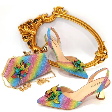 Charmig Regnbåge Multi Färger Rhinestone Blomma Afton Sandaler Dam Kuvertväska 2023 6 Cm Stilettklackar Spetsiga Sandaler Högklackade Kuvertväska