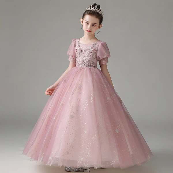 Chic / Beautiful Blushing Pink Beading Pearl Sequins Lace Flower Flower Girl Dresses 2022 A-Line / Princess Scoop Neck Appliques Short Sleeve Floor-Length / Long Prom Flower Girl Dresses