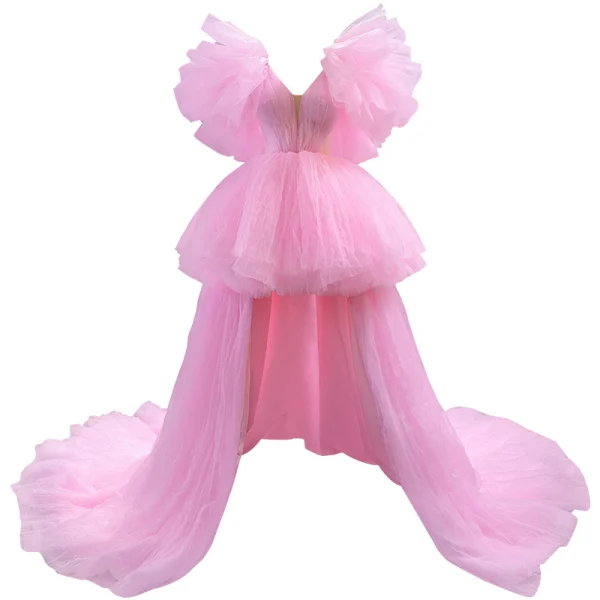 Unusual Candy Pink Summer Cascading Ruffles Prom Dresses Party Dresses 2023 Ball Gown V-Neck Ruffle Short Sleeve Court Train Prom Formal Dresses