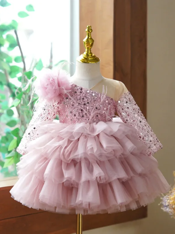 Charmant Rougissant Rose Courte Paillettes Volants en Cascade Anniversaire Robe Ceremonie Fille 2023 Robe Boule V-Cou 3/4 Manches Dos Nu