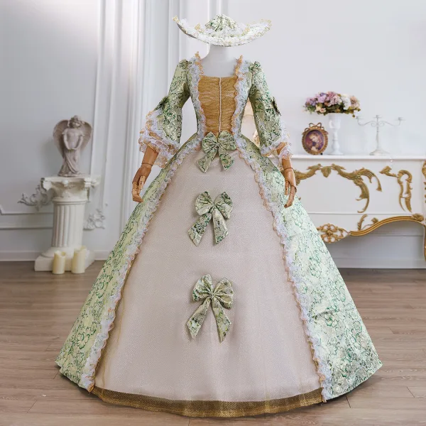 Vintage / Retro Medieval Gold Printing Bow Lace Flower Prom Dresses 2025 Ball Gown Square Neckline Bell sleeves Floor-Length / Long Formal Dresses