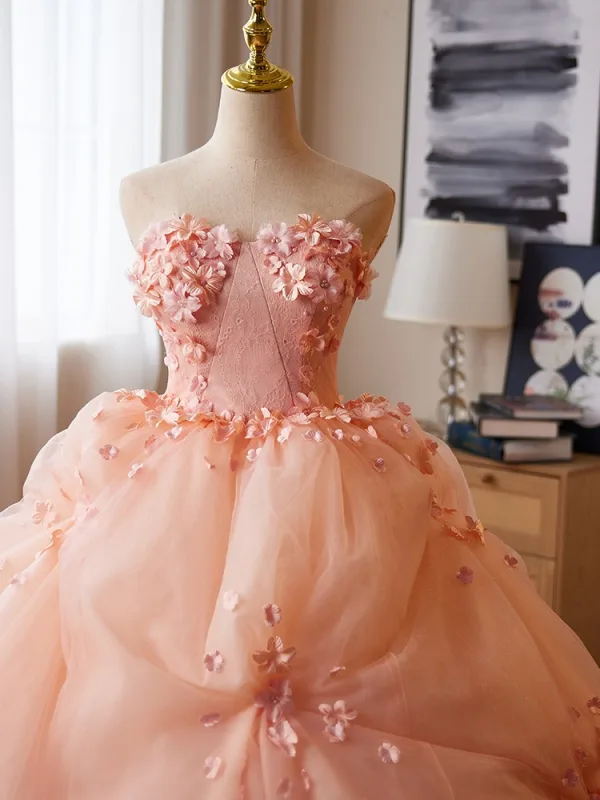Flower Fairy Blushing Pink Pearl Appliques Prom Dresses 2024 Ball Gown Strapless Sleeveless Backless Court Train Prom Formal Dresses