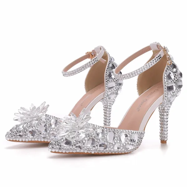 Glitzernden Silber Strass Brautschuhe 2023 Knöchelriemen 9 cm Stilettos Spitzschuh Hochzeit Sandaletten Hochhackige