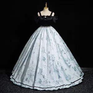 Élégant Noire Impression Faux Diamant Robe De Bal 2023 Robe Boule Bretelles Spaghetti Noeud Manches Courtes Dos Nu Longue Robe De Ceremonie