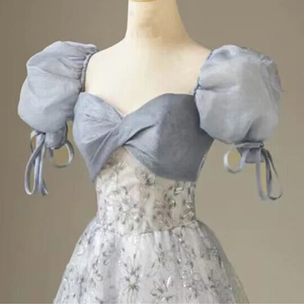 Chic / Beautiful Silver Grey Sequins Prom Dresses 2023 A-Line / Princess Square Neckline Puffy Short Sleeve Backless Bow Floor-Length / Long Prom Formal Dresses