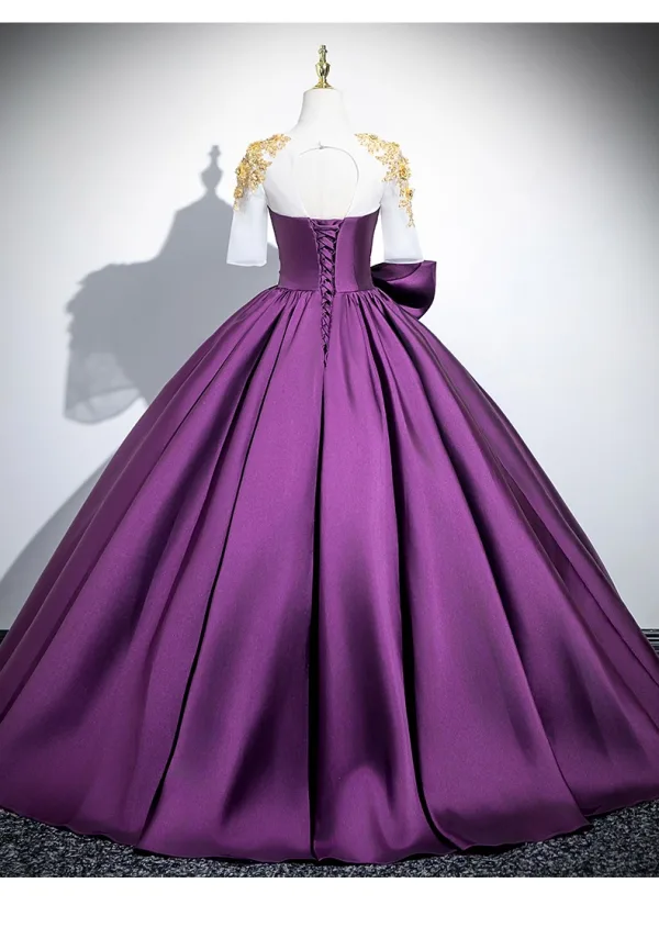 Vintage / Retro Purple Lace Flower Bow Satin Prom Dresses 2025 Ball Gown Scoop Neck Short Sleeve Backless Floor-Length / Long Prom Formal Dresses