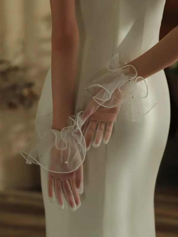 Fashion White Pearl Ruffle Wedding Bridal Gloves 2025 Tulle
