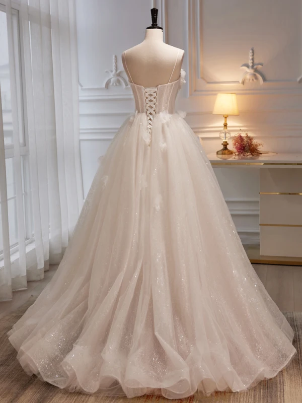 Modern / Fashion White Pearl Appliques Sequins Prom Dresses 2023 A-Line / Princess Spaghetti Straps Sleeveless Backless Floor-Length / Long Prom Formal Dresses