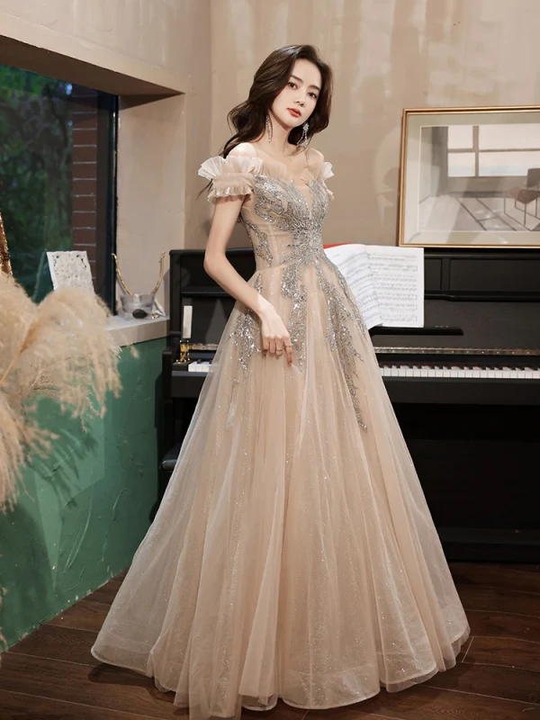Charmant Scintillantes Kaki Paillettes Robe De Bal 2022 Princesse Volants De l'épaule Perlage Manches Courtes Dos Nu Longue Robe De Ceremonie