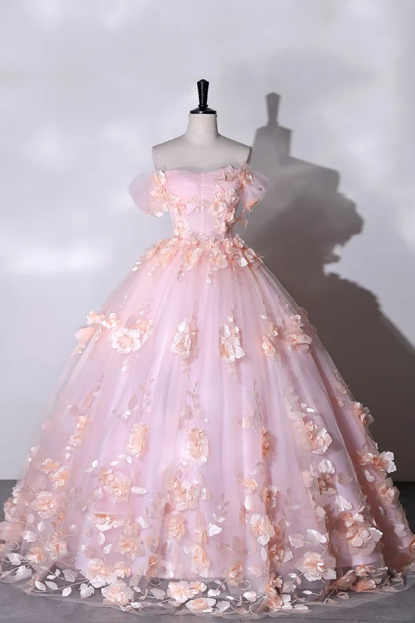 Flower Fairy Blushing Pink Appliques Prom Dresses 2023 Ball Gown Off-The-Shoulder Outdoor / Garden Short Sleeve Backless Floor-Length / Long Prom Formal Dresses