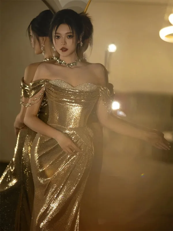 Sparkly Gold Sequins Evening Dresses 2024 Trumpet / Mermaid Off-The-Shoulder Sleeveless Backless Floor-Length / Long Evening Party Formal Dresses