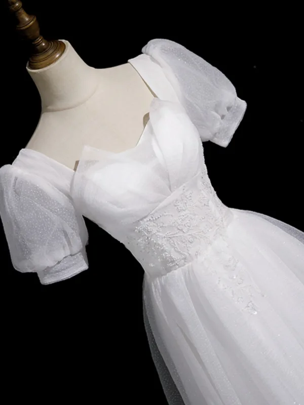 Chic / Beautiful White Beading Sequins Prom Dresses A-Line / Princess 2023 Square Neckline Short Sleeve Backless Floor-Length / Long Prom Dresses Formal Dresses