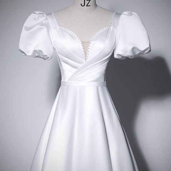 Elegant Ivory Satin Prom Dresses 2022 A-Line / Princess V-Neck Short Sleeve Backless Floor-Length / Long Prom Formal Dresses