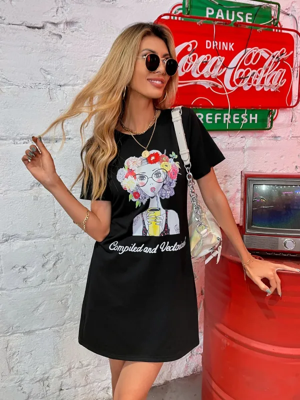 Lovely Women Black Casual Short Dresses 2021 Printing Cotton Loose Scoop Neck Summer Short Sleeve T-shirt