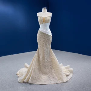 Luxury Gorgeous Champagne Handmade Pearl Lace Rhinestone Wedding Dresses 2022 Trumpet Mermaid Strapless Sleeveless Backless Court Train Wedding
