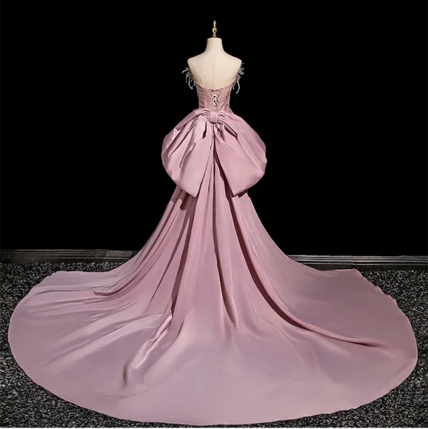 Sexy Rougissant Rose Perlage Faux Diamant Paillettes Gland Robe De Soirée 2025 Trompette / Sirène Bustier Sans Manches Dos Nu Noeud Tribunal Train Soirée
