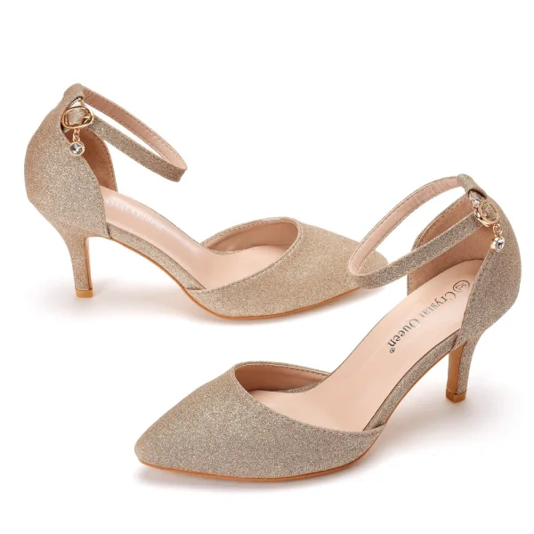 Charming Gold Sequins Prom Womens Shoes 2022 Ankle Strap 7 cm Stiletto Heels Pointed Toe Womens Shoes High Heels