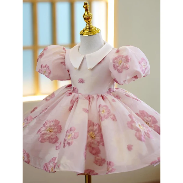 Lovely Blushing Pink Flower Short Birthday Flower Girl Dresses 2022 Ball Gown Scoop Neck Puffy Short Sleeve Beading Flower Girl Dresses