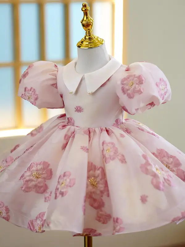 Lovely Blushing Pink Flower Short Birthday Flower Girl Dresses 2022 Ball Gown Scoop Neck Puffy Short Sleeve Beading Flower Girl Dresses