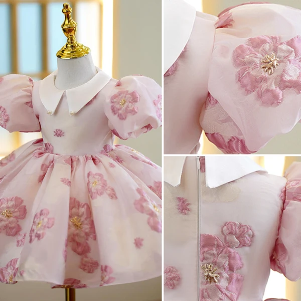 Lovely Blushing Pink Flower Short Birthday Flower Girl Dresses 2022 Ball Gown Scoop Neck Puffy Short Sleeve Beading Flower Girl Dresses