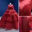 High-end Burgundy Beading Sequins Lace Flower Cascading Ruffles Wedding Dresses 2022 Ball Gown High Neck Long Sleeve Floor-Length / Long