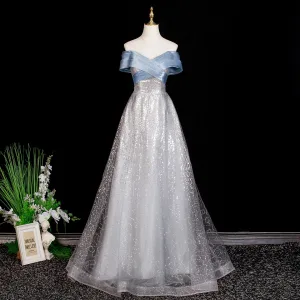 Sparkly Grey Sequins Prom Dresses 2025 A Line Princess Off The Shoulder Short Sleeve Backless Floor Length Long Formal Dresses