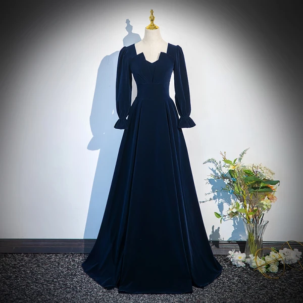 Vintage / Retro Black Winter Velvet Prom Dresses 2024 A-Line / Princess Square Neckline Long Sleeve Backless Floor-Length / Long Prom Formal Dresses