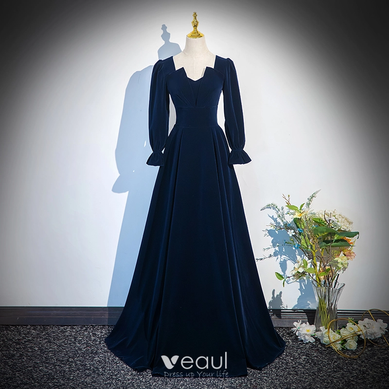 Vintage / Retro Black Winter Velvet Prom Dresses 2024 A-Line / Princess Square Neckline Long Sleeve Backless Floor-Length / Long Prom Formal Dresses Vintage / Retro Black Winter Velvet Prom Dresses 2024 A-Line / Princess Square Neckline Long Sleeve Backless Floor-Length / Long Prom Formal Dresses