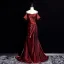 Fashion Burgundy Prom Dresses 2025 Trumpet / Mermaid Spaghetti Straps Puffy Short Sleeve Backless Sweep Train Formal Dresses