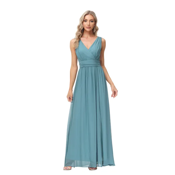 Modest / Simple Pool Blue Split Front Bridesmaid Dresses 2023 A-Line / Princess Chiffon V-Neck Sleeveless Backless Floor-Length / Long Bridesmaid Dresses