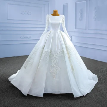 High End Elfenben Satin Blonder Blomst Brudekjoler 2022 Ballkjole Scoop Halsen Langermede Domstol Tog Bryllup