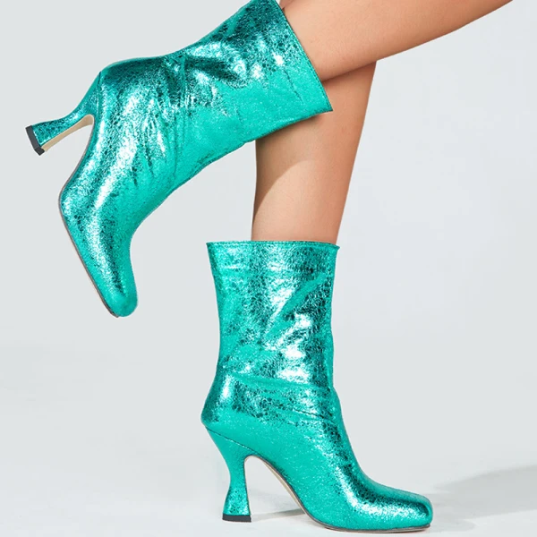 Glitzernden Lindgrün Cocktail Stiefel Damen 2022 9 cm Stilettos Quadratische Zehe Stiefel