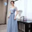 Schlicht Himmelblau Brautjungfernkleider 2022 A Linie Kurze Ärmel Rückenfreies Schleife Stoffgürtel Lange Brautjungfernkleider