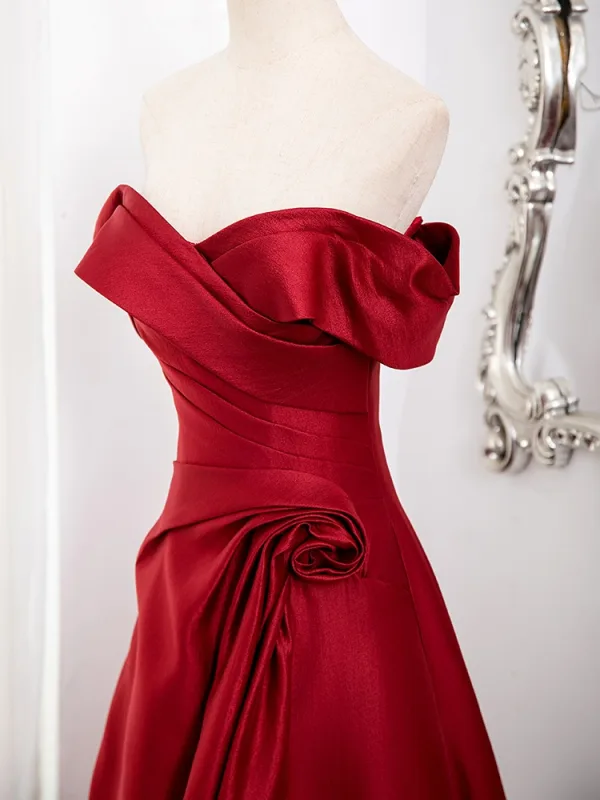 Schöne Burgunderrot Gespaltete Front Satin Ballkleider 2024 A Linie Off Shoulder Ärmellos Rückenfreies Lange Ball Festliche Kleider