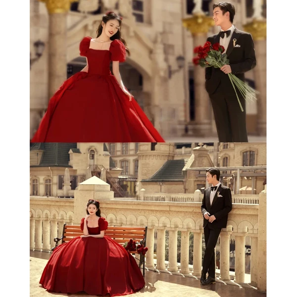 Charming Burgundy Engagement Prom Dresses 2023 A-Line / Princess Square Neckline Puffy Short Sleeve Floor-Length / Long Formal Dresses