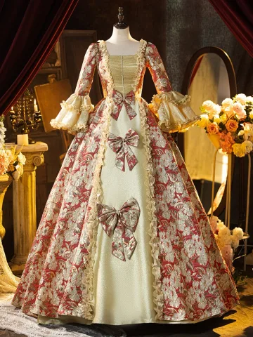 Medieval Vintage Retro Red Glitter Printing Pearl Bow Cosplay Lolita Prom Dresses 2024 Ball Gown Square Neckline Bell Sleeves Backless