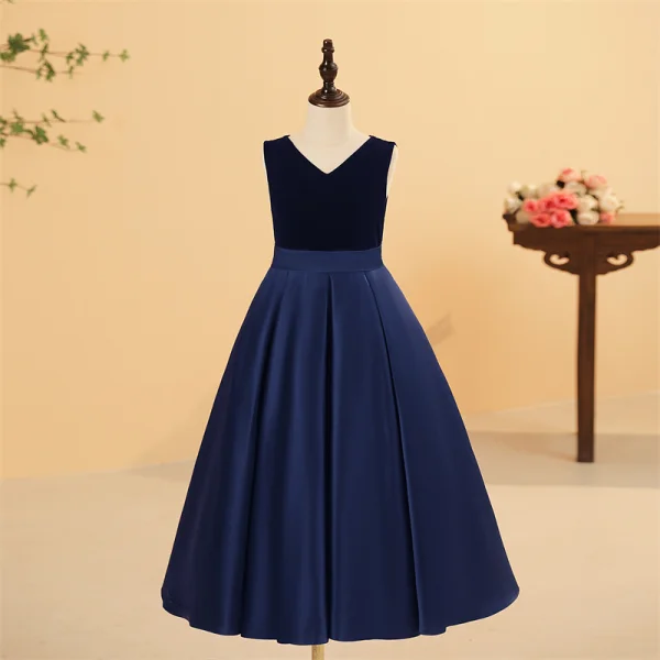 Chic / Beautiful Black Birthday Flower Girl Dresses 2024 A-Line / Princess V-Neck Sleeveless Backless Floor-Length / Long