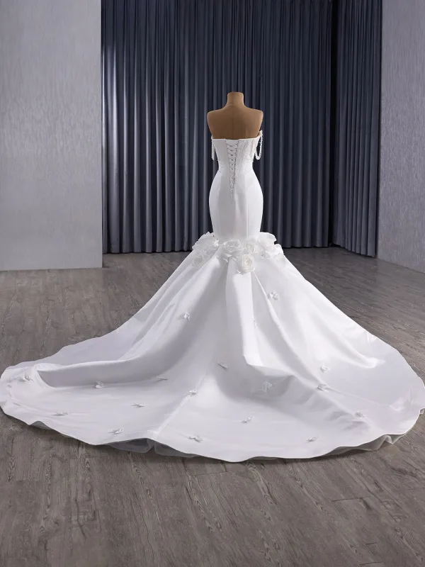 Haut de Gamme Blanche Fait main Appliques Perlage Perle Faux Diamant Corset  Robe De Mariée 2025 Trompette / Sirène Bustier Sans Manches Dos Nu Chapel Train