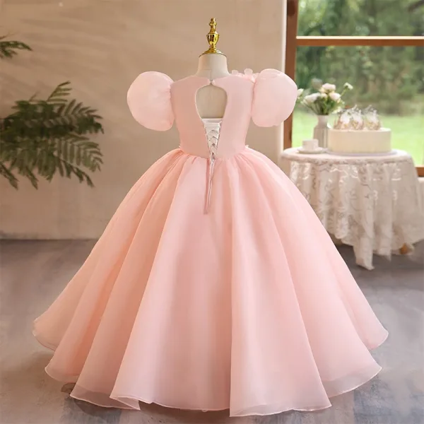 Elegant Blushing Pink Appliques Birthday Flower Girl Dresses 2024 Ball Gown Scoop Neck Puffy Short Sleeve Backless Floor-Length / Long Flower Girl Dresses