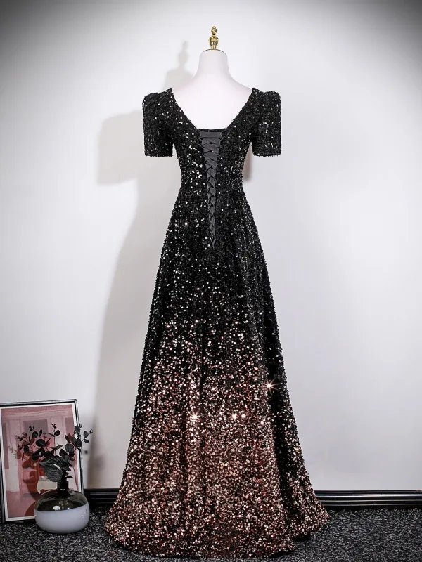 Dazzling Black Gold Sequins Evening Dresses 2026 A-Line / Princess V-Neck Short Sleeve Backless