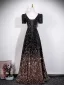 Dazzling Black Gold Sequins Evening Dresses 2026 A-Line / Princess V-Neck Short Sleeve Backless