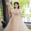 Chic / Beautiful Champagne Star Sequins Birthday Flower Girl Dresses 2023 A-Line / Princess V-Neck Puffy Short Sleeve Floor-Length / Long Flower Girl Dresses