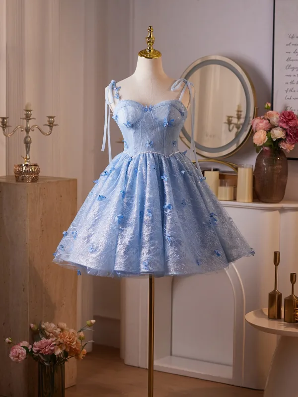 Chic / Belle Bleu Ciel Papillon Glitter Perle Paillettes Anniversaire Courte Robe De Fête 2025 Robe Boule Bretelles Spaghetti Sans Manches Dos Nu Robe De Ceremonie