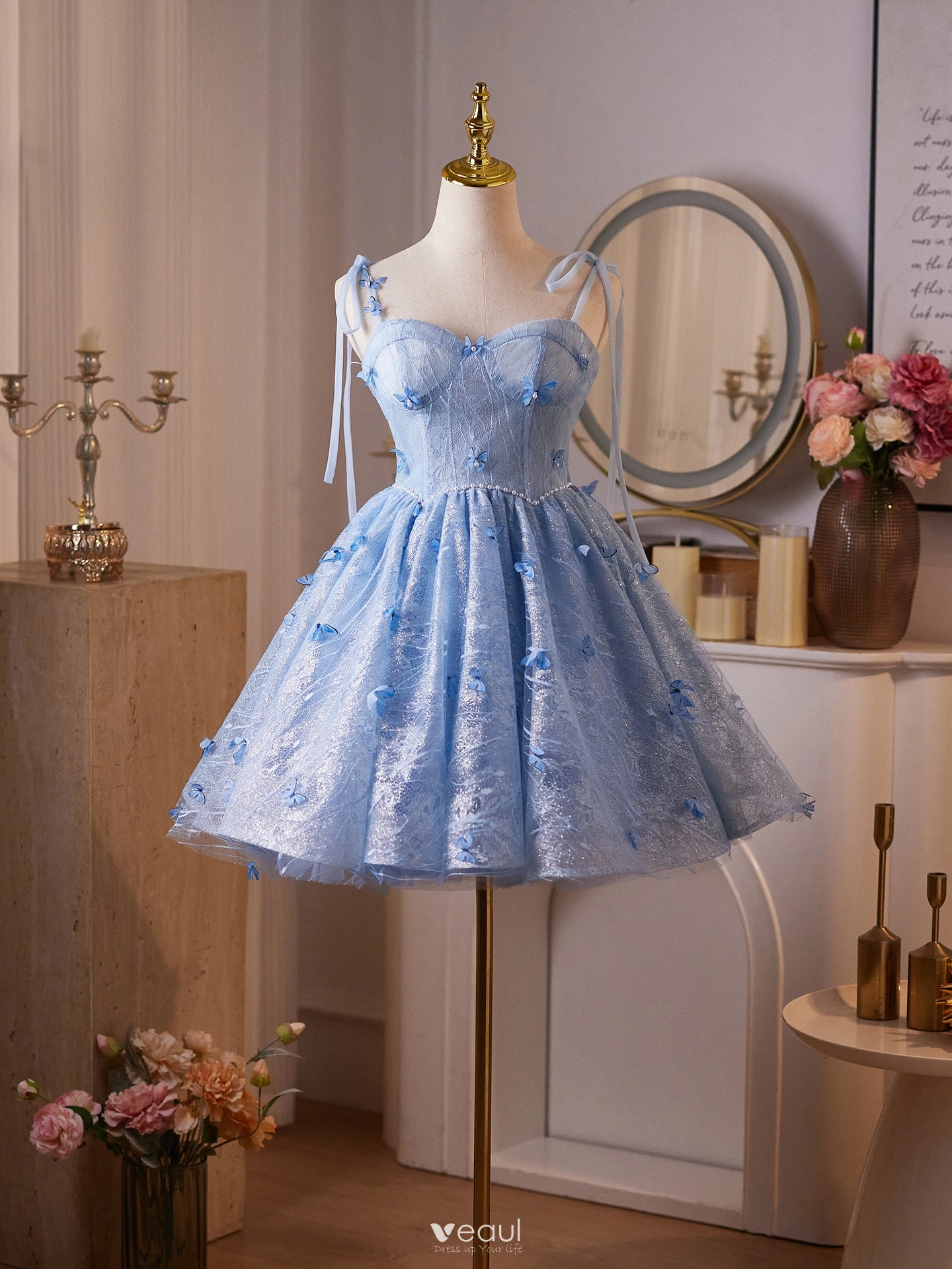 Chic / Beautiful Sky Blue Butterfly Glitter Pearl Sequins Birthday Short  Party Dresses 2025 Ball Gown Spaghetti Straps Sleeveless Backless Formal  Dresses