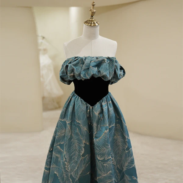 Vintage / Retro Ink Blue Prom Dresses 2022 A-Line / Princess Square Neckline Puffy Short Sleeve Backless Floor-Length / Long Prom Formal Dresses