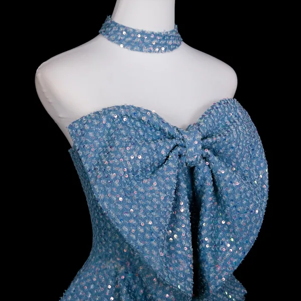 Scintillantes Bleu Ciel Paillettes Soirée Robe De Fete 2025 Princesse Noeud Bustier Sans Manches Dos Nu Longue Robe De Ceremonie